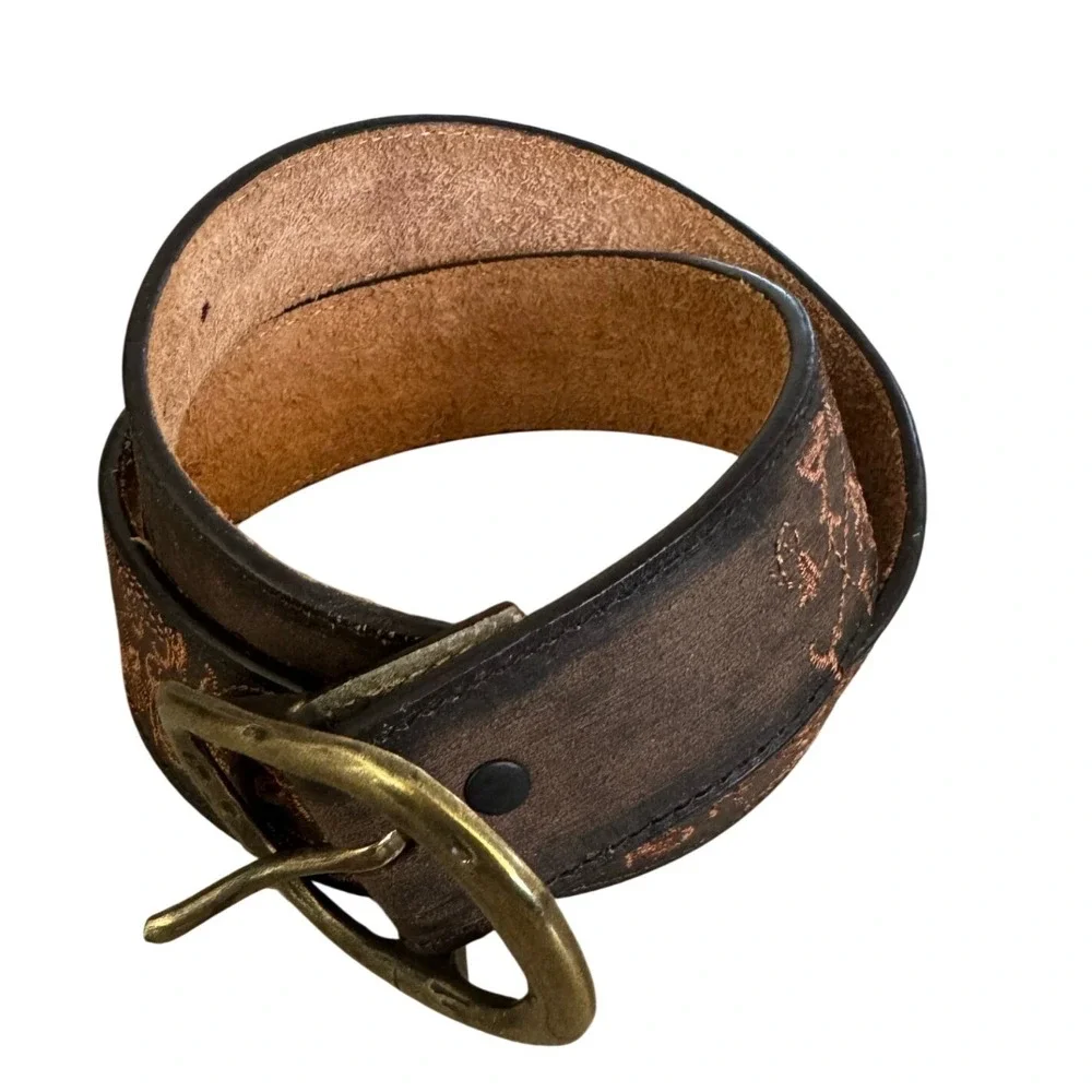 Genuine Leather Floral Embroidered Western‎ Belt Brown Bronze Buckle Size S boho